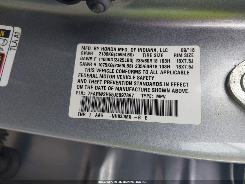 2018 Honda Cr-v VIN 7FARW2H55JE097897 IAAI salvage auction — NORMAL WEAR, Clear (New York), sold $3,250 on 2026-07-15 (photo 9)