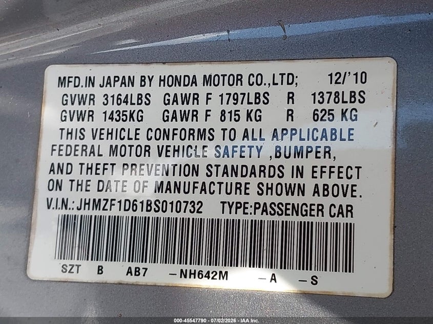 2011 Honda Cr-z VIN JHMZF1D61BS010732 IAAI salvage auction — NORMAL WEAR, Clear (Florida), sold $475 on 2026-07-30 (photo 9)