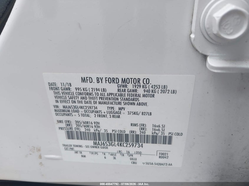 2019 Ford Ecosport VIN MAJ6S3GL4KC259734 IAAI salvage auction — ALL OVER, Salvage Title, sold $625 on 2026-07-24 (photo 9)