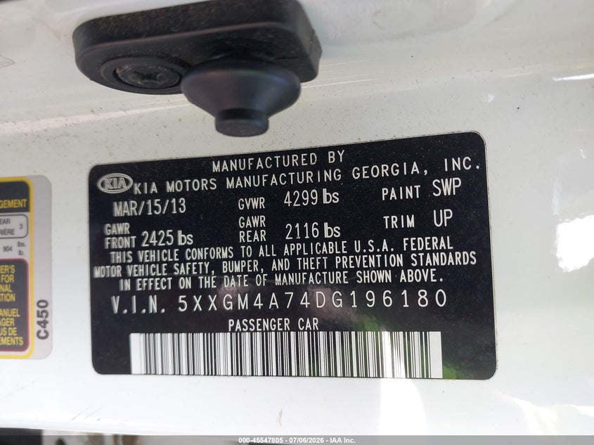 2013 Kia Optima VIN 5XXGM4A74DG196180 IAAI salvage auction — FRONT END, Salvage (North Carolina), sold $500 on 2026-07-20 (photo 9)