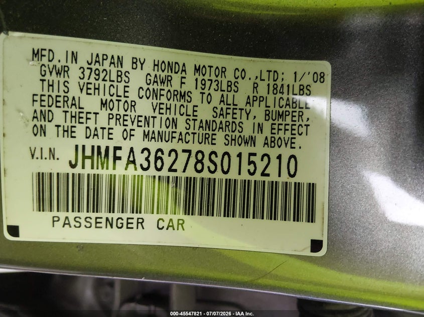 2008 Honda Civic VIN JHMFA36278S015210 IAAI salvage auction — FRONT END, Salvage (North Carolina), sold $1,150 on 2026-07-22 (photo 9)