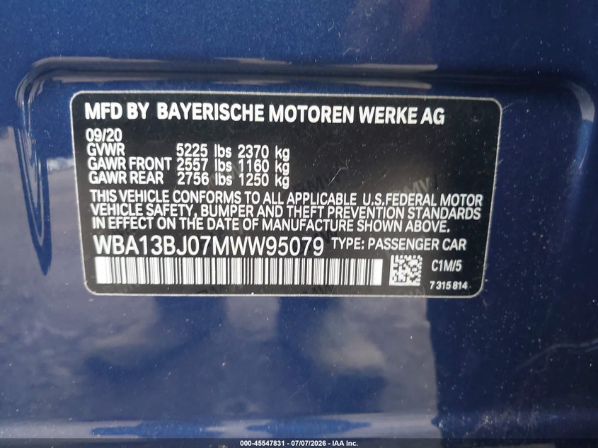 2021 BMW 5er VIN WBA13BJ07MWW95079 IAAI salvage auction — FRONT END, Salvage Title, sold $12,400 on 2026-08-19 (photo 9)