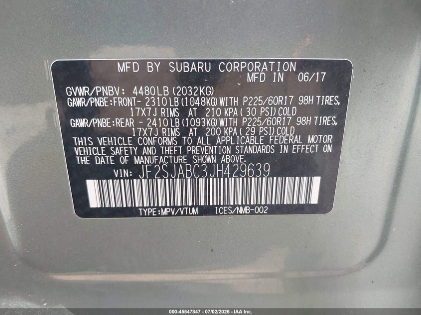 2018 Subaru Forester VIN JF2SJABC3JH429639 IAAI salvage auction — REAR END, Salvage (Idaho), sold $1,950 on 2026-07-29 (photo 9)