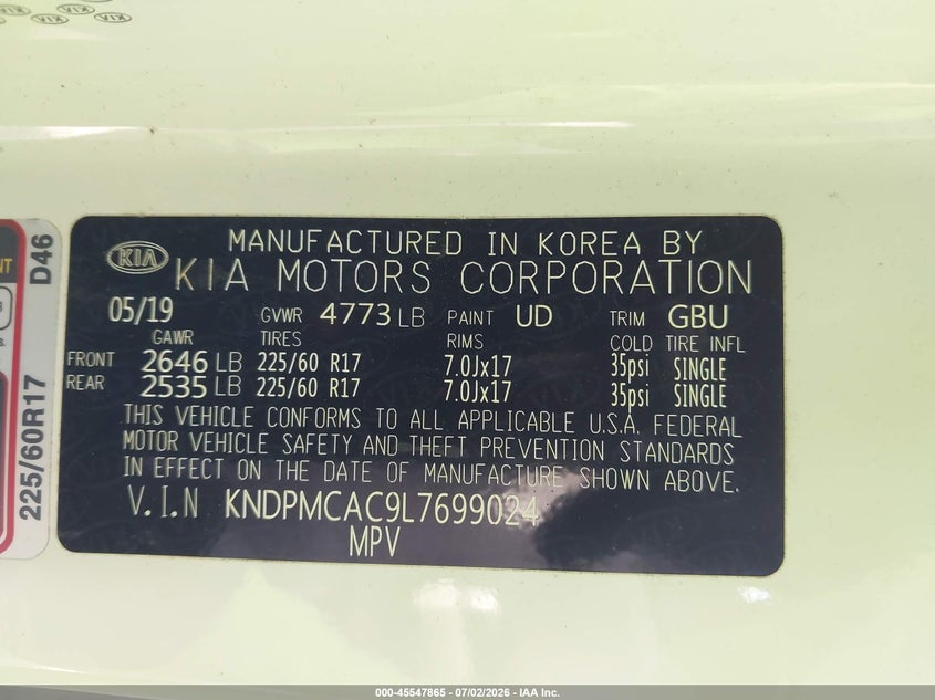 2020 Kia Sportage VIN KNDPMCAC9L7699024 IAAI salvage auction — UNKNOWN, Clear (Florida), sold $4,200 on 2026-07-29 (photo 9)