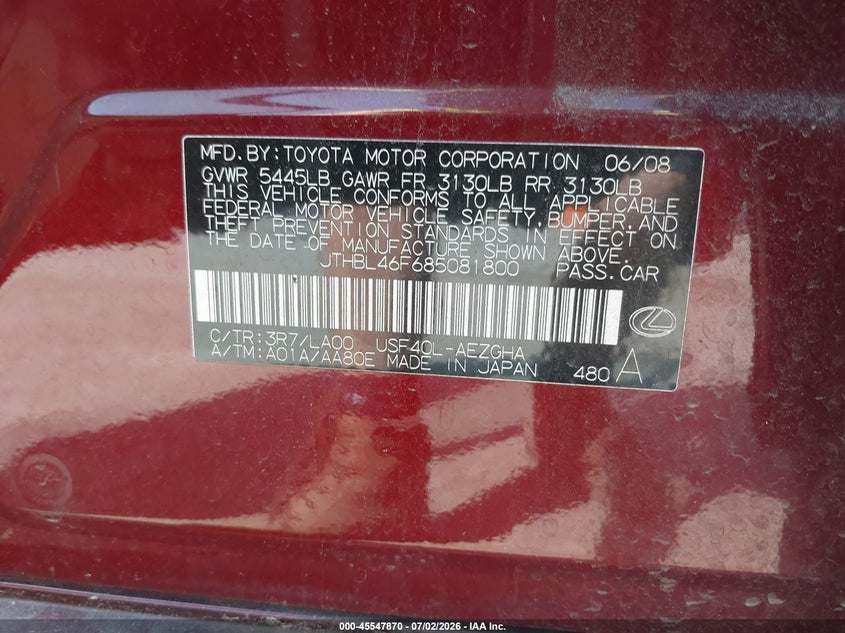 2008 Lexus Ls 460 VIN JTHBL46F685081800 IAAI salvage auction — NORMAL WEAR, Clear (Maryland), sold $1,100 on 2026-07-28 (photo 9)