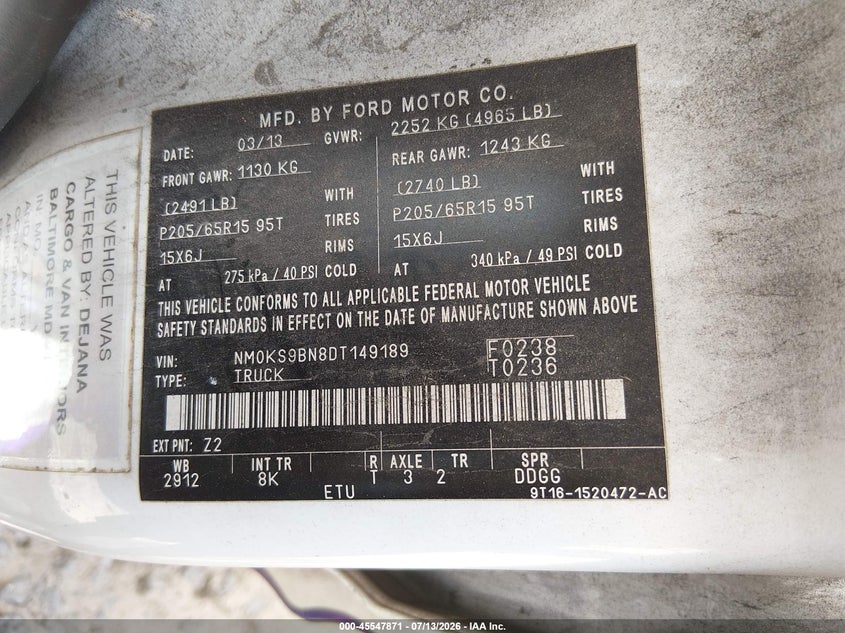 2013 Ford Transit VIN NM0KS9BN8DT149189 IAAI salvage auction — NORMAL WEAR, Clear (South Carolina), sold $500 on 2026-07-28 (photo 9)