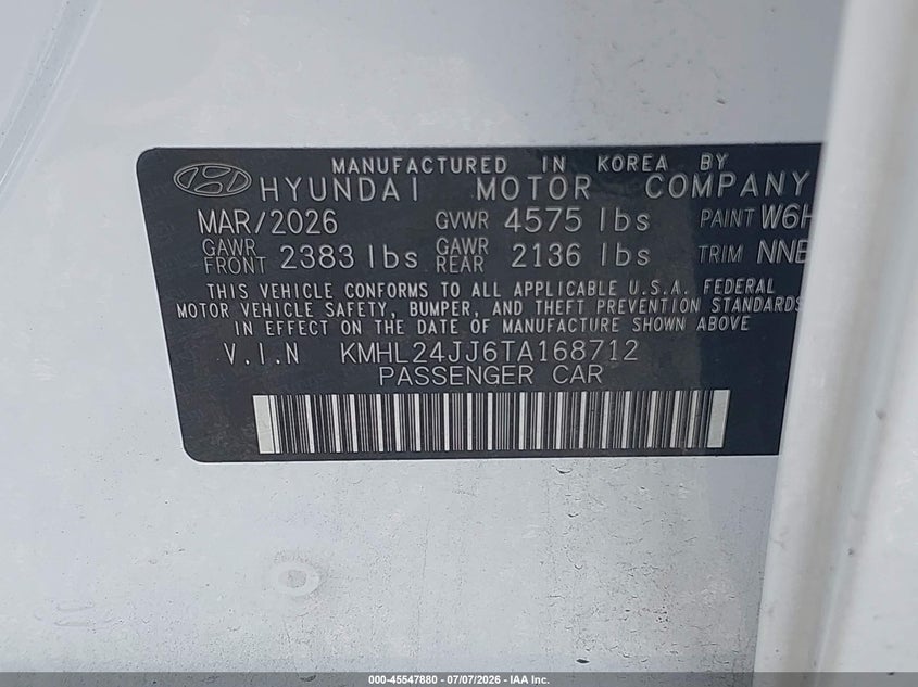 2026 Hyundai Sonata hybrid VIN KMHL24JJ6TA168712 IAAI salvage auction — LEFT FRONT, Enterprise Vehicles Clear Only (Florida), sold $16,900 on 2026-07-09 (photo 9)