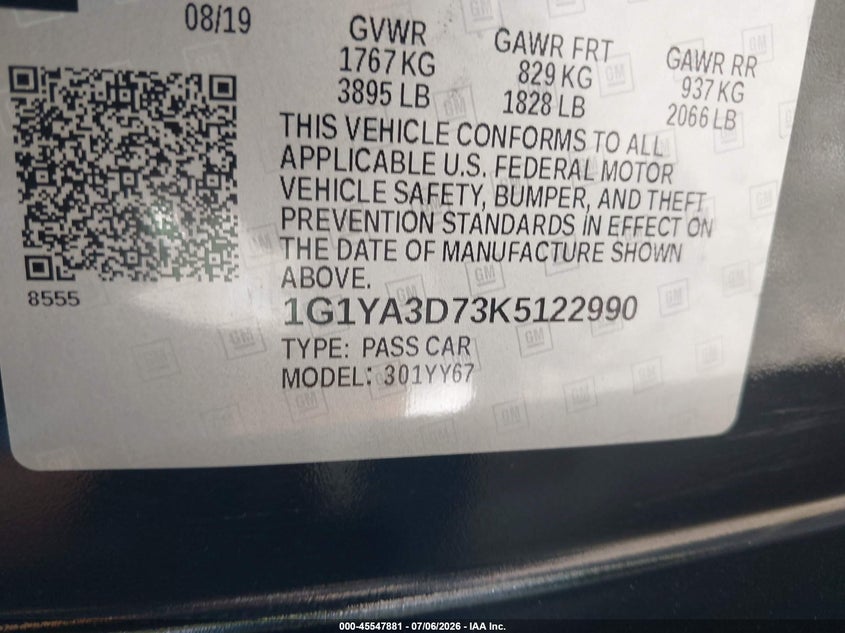 2019 Chevrolet Corvette VIN 1G1YA3D73K5122990 IAAI salvage auction — FRONT END, Rebuildable (Florida), sold $17,100 on 2026-07-28 (photo 9)