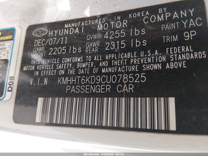 2012 Hyundai Genesis VIN KMHHT6KD9CU078525 IAAI salvage auction — FRONT & REAR, Junk (Oklahoma), sold $275 on 2026-07-31 (photo 9)