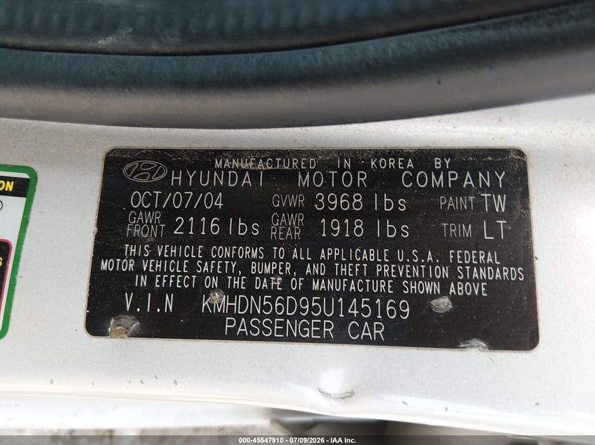 2005 Hyundai Elantra VIN KMHDN56D95U145169 IAAI salvage auction — NORMAL WEAR, Clear (Indiana), sold $325 on 2026-07-15 (photo 9)