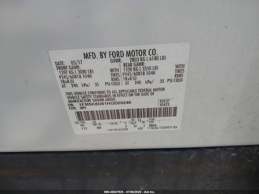 2017 Ford Explorer VIN 1FM5K8D81HGD09246 IAAI salvage auction — FRONT END, Mv-907A (New York), sold $1,550 on 2026-07-19 (photo 9)