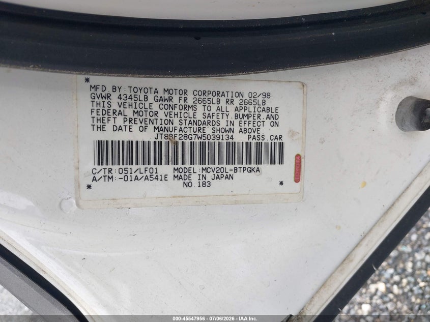 1998 Lexus Es 300 VIN JT8BF28G7W5039134 IAAI salvage auction — SIDE, Salvage - Greater Than 75% (Maryland), sold $225 on 2026-07-20 (photo 9)