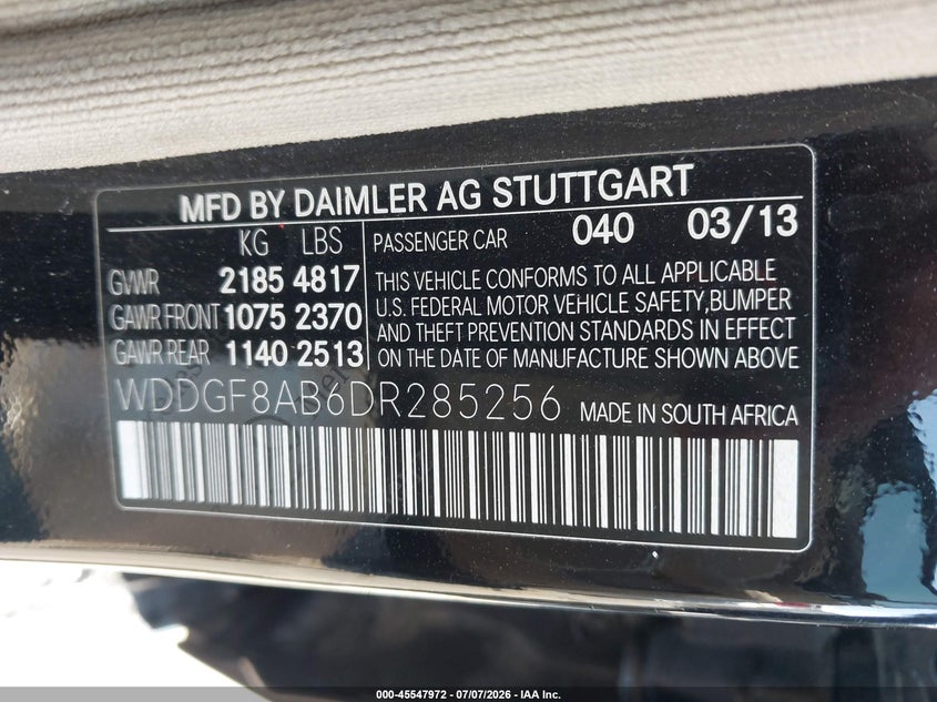 2013 Mercedes-benz C-klasse VIN WDDGF8AB6DR285256 IAAI salvage auction — REAR END, Salvage (North Carolina), sold $1,300 on 2026-08-09 (photo 9)