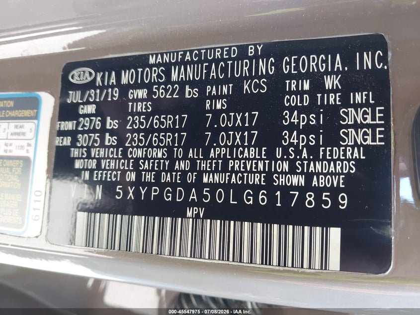 2020 Kia Sorento VIN 5XYPGDA50LG617859 IAAI salvage auction — WATER/FLOOD, Mv-907A (New York), sold $1,950 on 2026-07-28 (photo 9)