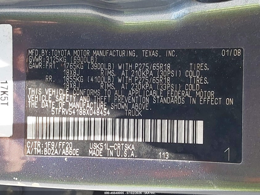 2008 Toyota Tundra VIN 5TFRV54188X048454 IAAI salvage auction — REAR END, Clear (Florida), sold $3,100 on 2026-07-20 (photo 9)