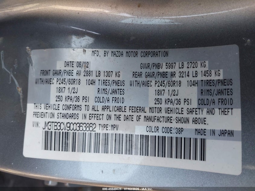 2012 Mazda Cx-9 VIN JM3TB3CV9C0363862 IAAI salvage auction — NORMAL WEAR, Clear (Pennsylvania), sold $475 on 2026-07-31 (photo 9)