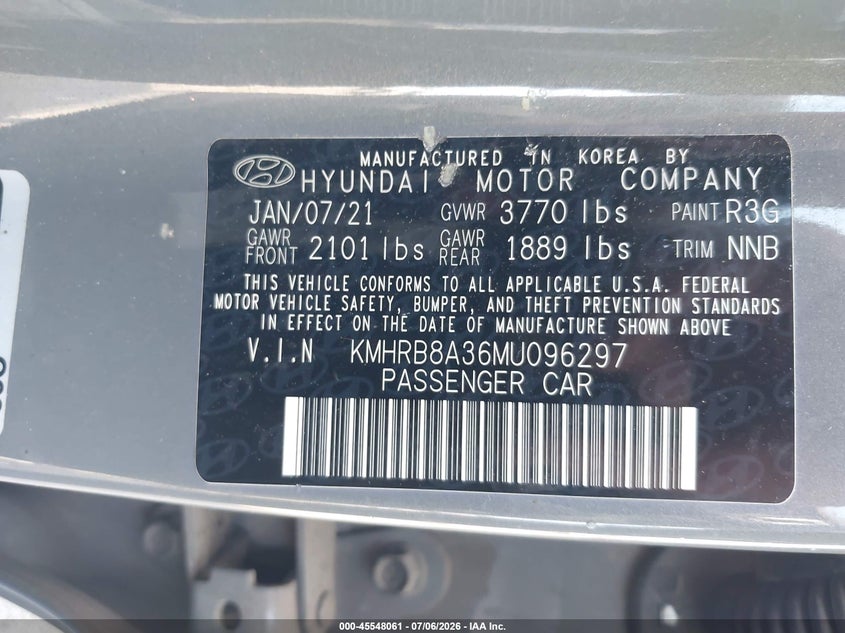 2021 Hyundai Venue VIN KMHRB8A36MU096297 IAAI salvage auction — LEFT FRONT, Salvage Title, sold $3,250 on 2026-08-01 (photo 9)