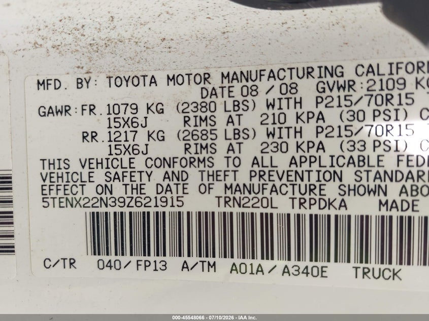 2009 Toyota Tacoma VIN 5TENX22N39Z621915 IAAI salvage auction — LEFT FRONT, Salvage (North Carolina), sold $1,050 on 2026-07-30 (photo 9)