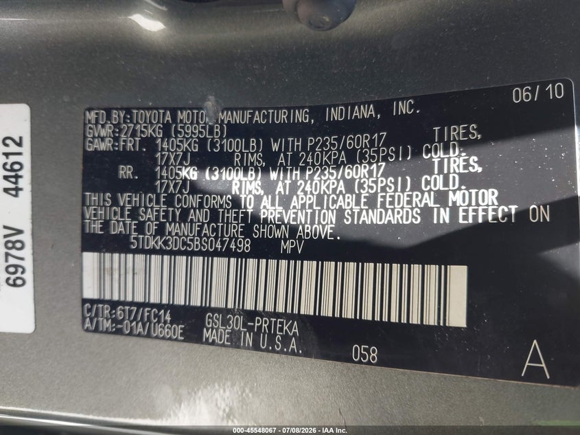 2011 Toyota Sienna VIN 5TDKK3DC5BS047498 IAAI salvage auction — FRONT END, Salvage (Massachusetts), sold $650 on 2026-07-28 (photo 9)
