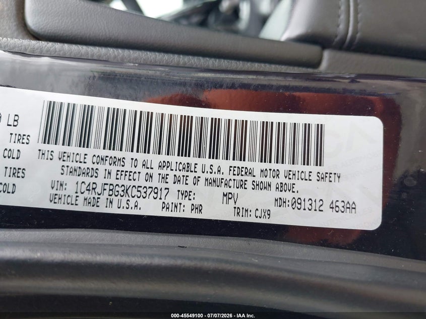 2019 Jeep Grand cherokee VIN 1C4RJFBG3KC537917 IAAI salvage auction — LEFT FRONT, Wait Title, sold $4,000 on 2026-09-11 (photo 9)