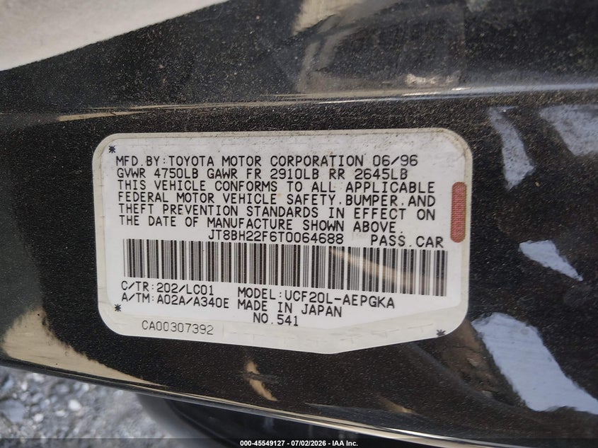 1996 Lexus Ls 400 VIN JT8BH22F6T0064688 IAAI salvage auction — NORMAL WEAR, Clear (Delaware), sold $225 on 2026-07-27 (photo 9)
