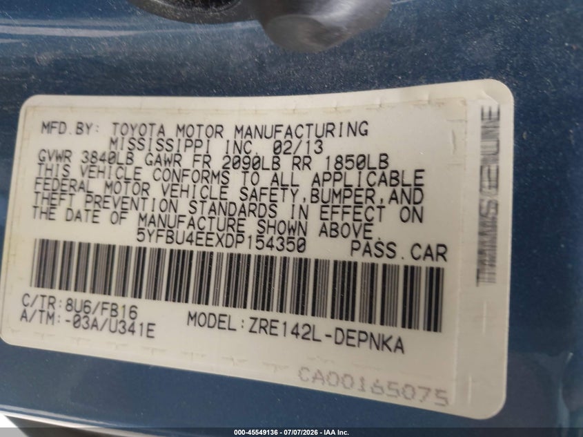 2013 Toyota Corolla VIN 5YFBU4EEXDP154350 IAAI salvage auction — FRONT & REAR, Salvage (Ohio), sold $1,550 on 2026-07-28 (photo 9)