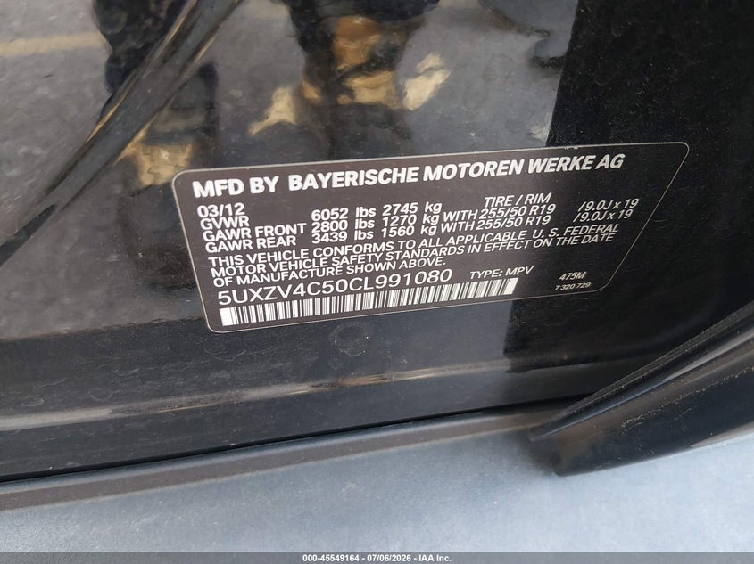 2012 BMW X5 VIN 5UXZV4C50CL991080 IAAI salvage auction — NORMAL WEAR, Clear (Florida), sold $1,325 on 2026-07-28 (photo 9)