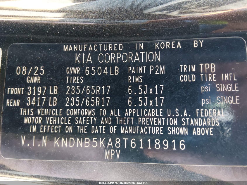 2026 Kia Carnival VIN KNDNB5KA8T6118916 IAAI salvage auction — FRONT END, Enterprise Vehicles Clear Only (Ohio), sold $19,400 on 2026-07-29 (photo 9)