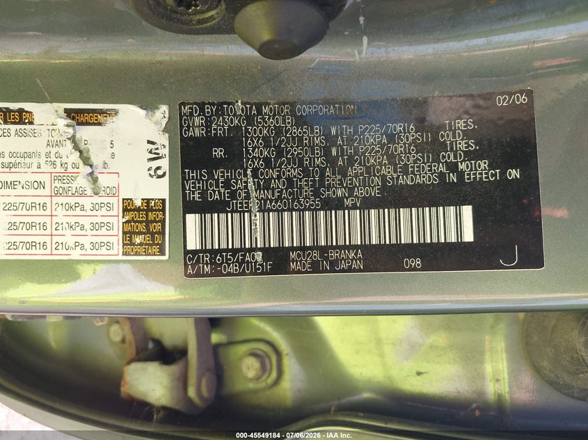 2006 Toyota Highlander VIN JTEEP21A660163955 IAAI salvage auction — NORMAL WEAR, Original (Ohio), sold $875 on 2026-07-30 (photo 9)