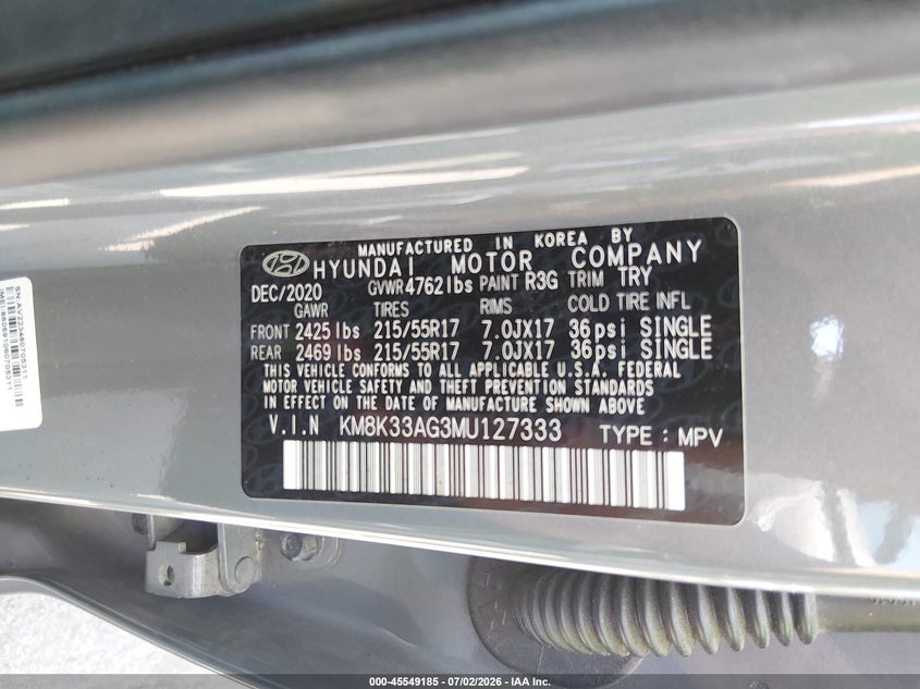 2021 Hyundai Kona VIN KM8K33AG3MU127333 IAAI salvage auction — FRONT & REAR, Original (West Virginia), sold $5,900 on 2026-07-13 (photo 9)