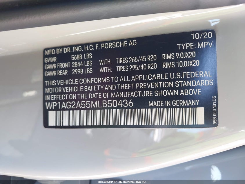 2021 Porsche Macan VIN WP1AG2A55MLB50436 IAAI salvage auction — FRONT END, Salvage Title, sold $11,100 on 2026-07-29 (photo 9)