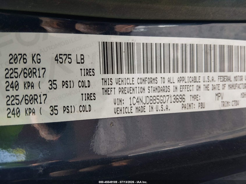 2016 Jeep Compass VIN 1C4NJDBB5GD713696 IAAI salvage auction — FRONT END, Salvage (Pennsylvania), sold $400 on 2026-07-18 (photo 9)
