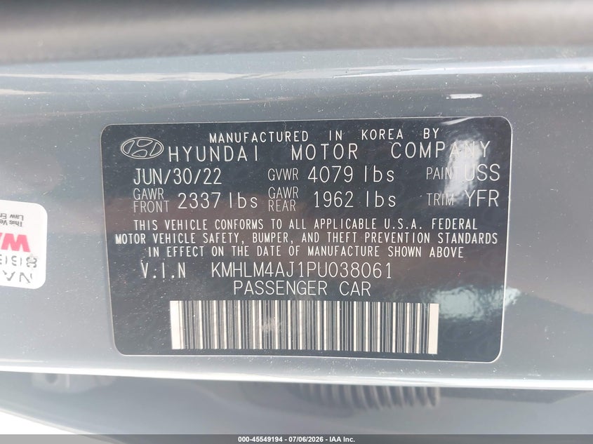 2023 Hyundai Elantra VIN KMHLM4AJ1PU038061 IAAI salvage auction — SIDE, Salvage Title, sold $3,600 on 2026-08-02 (photo 9)