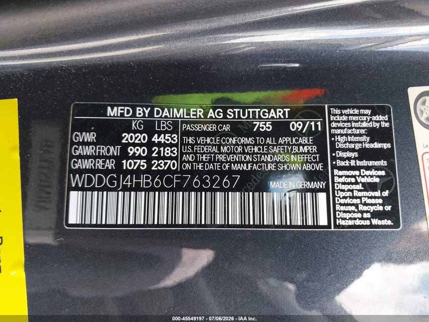 2012 Mercedes-benz C-klasse VIN WDDGJ4HB6CF763267 IAAI salvage auction — SIDE, Salvage Title, sold $1,300 on 2026-08-12 (photo 9)
