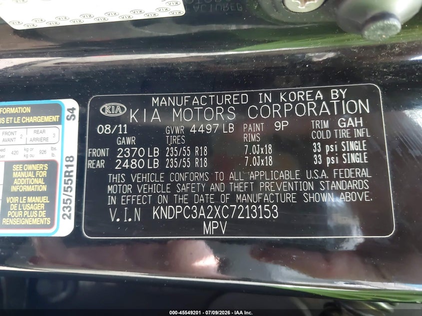 2012 Kia Sportage VIN KNDPC3A2XC7213153 IAAI salvage auction — FRONT END, Salvage (Ohio), sold $1,200 on 2026-07-23 (photo 9)