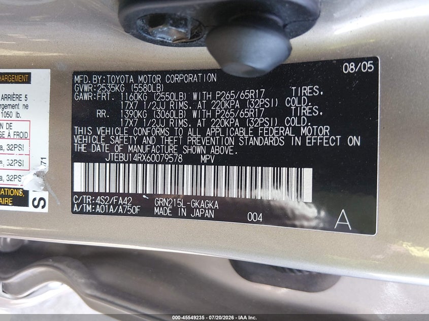 2006 Toyota 4runner VIN JTEBU14RX60079578 IAAI salvage auction — SIDE, Clear (Massachusetts), sold $1,750 on 2026-07-24 (photo 9)