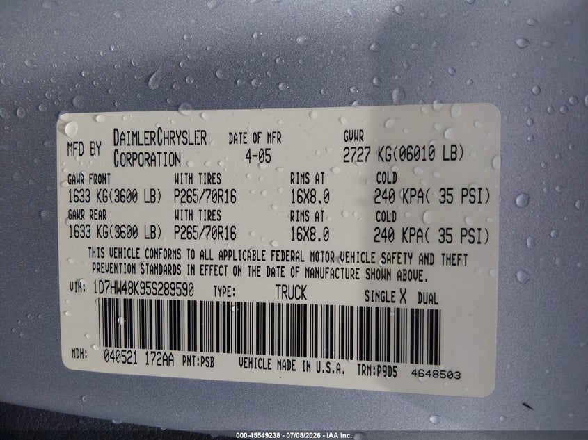 2005 Dodge Dakota VIN 1D7HW48K95S289590 IAAI salvage auction — FRONT END, Salvage (Missouri), sold $975 on 2026-07-31 (photo 9)