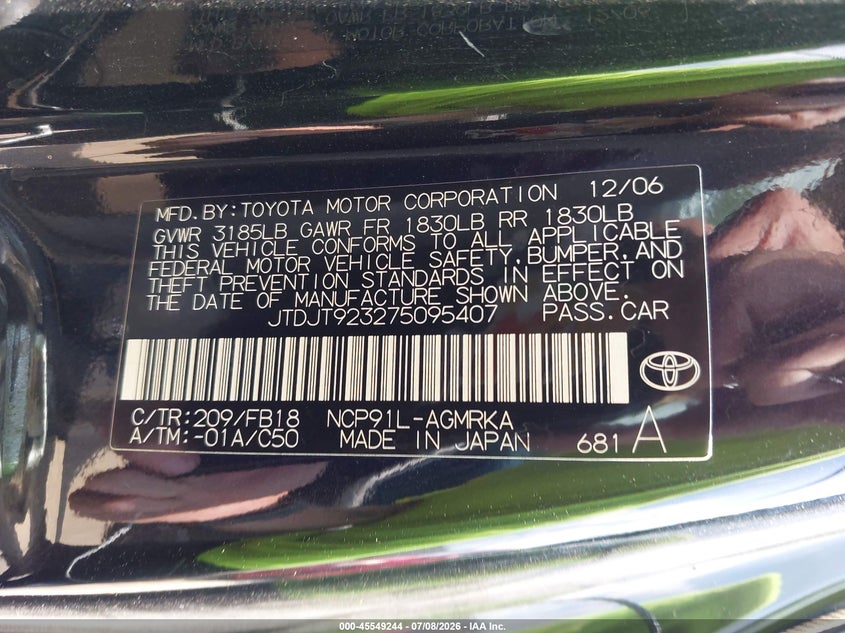 2007 Toyota Yaris VIN JTDJT923275095407 IAAI salvage auction — SIDE, Salvage (Ohio), sold $525 on 2026-07-30 (photo 9)