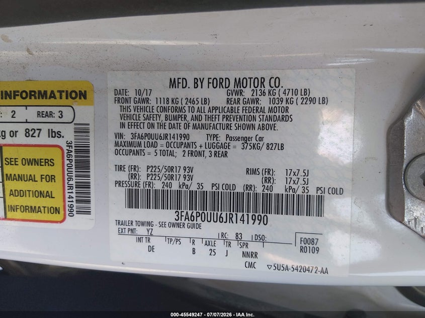2018 Ford Fusion VIN 3FA6P0UU6JR141990 IAAI salvage auction — REAR END, Sf97 (Missouri), sold $11,700 on 2026-09-03 (photo 9)