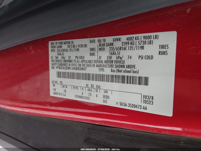2018 Ford Transit-350 VIN 1FBZX2ZM1JKB52867 IAAI salvage auction — SIDE, Sf97 (Missouri), sold $18,350 on 2026-09-03 (photo 9)