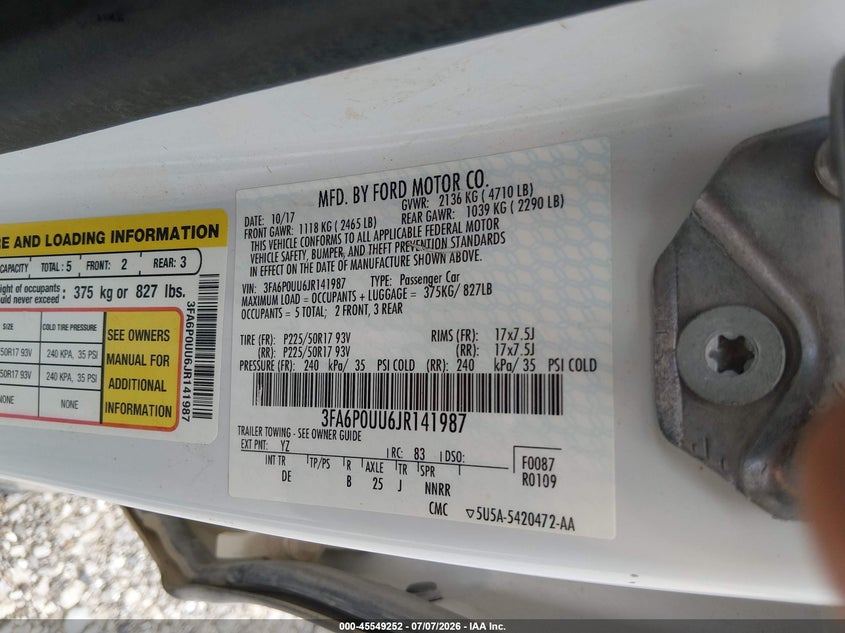 2018 Ford Fusion VIN 3FA6P0UU6JR141987 IAAI salvage auction — SIDE, Sf97 (Missouri), sold $11,300 on 2026-09-03 (photo 9)