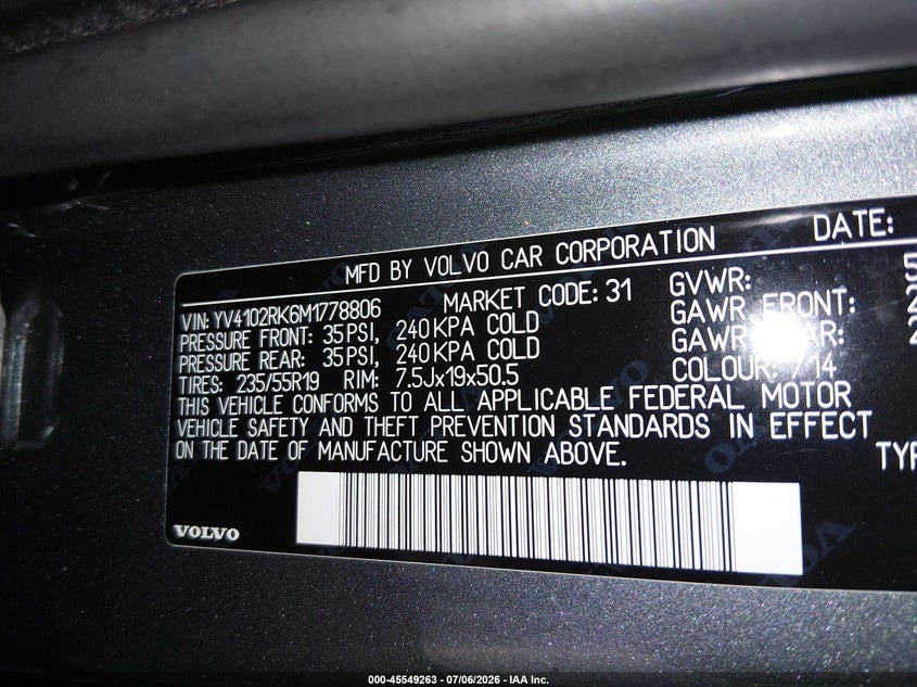 2021 Volvo Xc60 VIN YV4102RK6M1778806 IAAI salvage auction — FRONT END, Salvage (New Jersey), sold $100 on 2026-08-03 (photo 9)