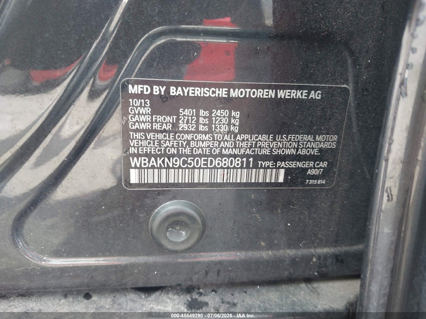 2014 BMW 5er VIN WBAKN9C50ED680811 IAAI salvage auction — NORMAL WEAR, Clear (Georgia), sold $1,900 on 2026-07-29 (photo 9)