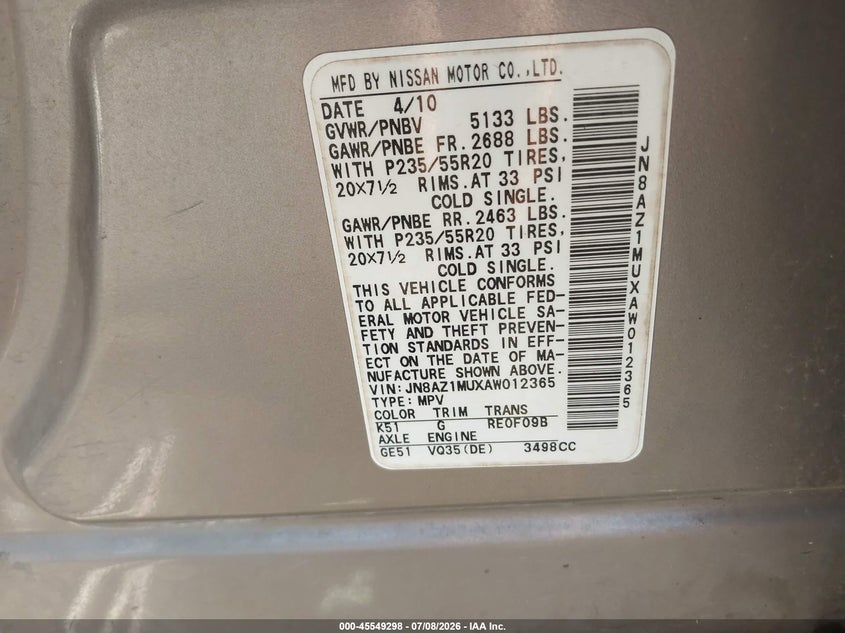 2010 Nissan Murano VIN JN8AZ1MUXAW012365 IAAI salvage auction — NORMAL WEAR, Clear (Louisiana), sold $600 on 2026-07-28 (photo 9)