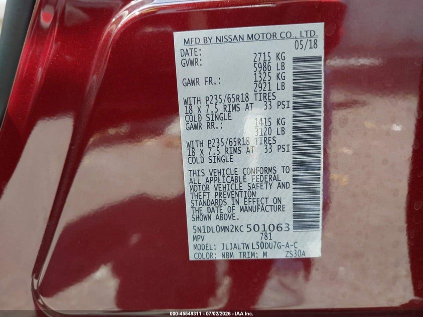 2019 Infiniti Qx60 VIN 5N1DL0MN2KC501063 IAAI salvage auction — SIDE, Salvage Certificate (California), sold $2,550 on 2026-07-05 (photo 9)