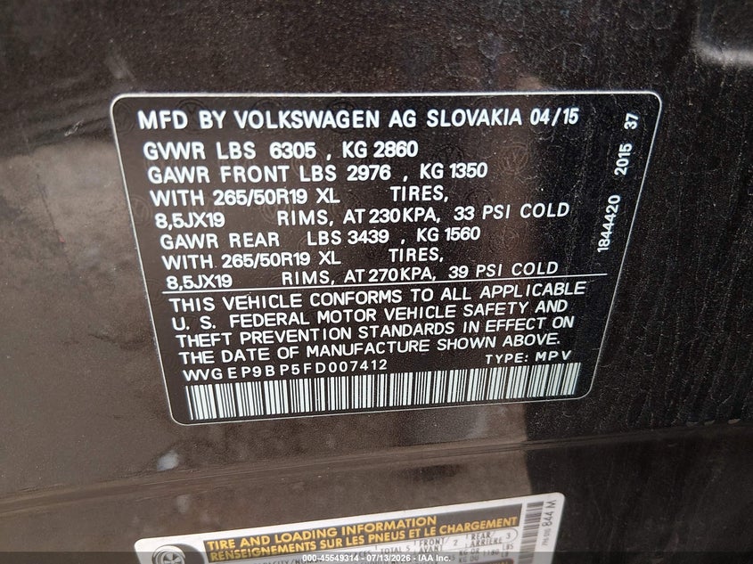 2015 Volkswagen Touareg VIN WVGEP9BP5FD007412 IAAI salvage auction — NORMAL WEAR, Salvage Title, sold $2,550 on 2026-08-04 (photo 9)