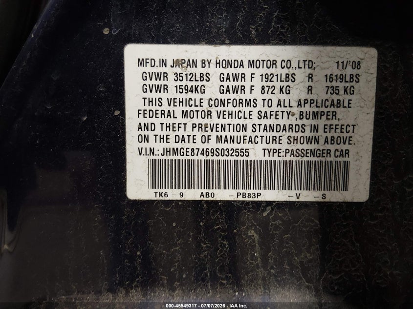 2009 Honda Fit VIN JHMGE87469S032555 IAAI salvage auction — NORMAL WEAR, Clear (North Dakota), sold $800 on 2026-07-30 (photo 9)