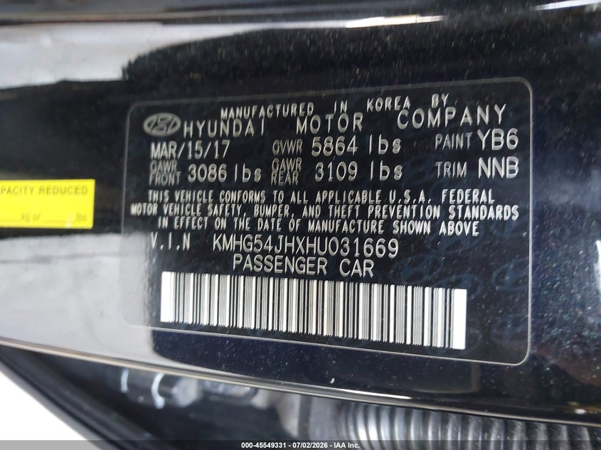 2017 Genesis G90 VIN KMHG54JHXHU031669 IAAI salvage auction — NORMAL WEAR, Clear (Virginia), sold $3,300 on 2026-07-17 (photo 9)