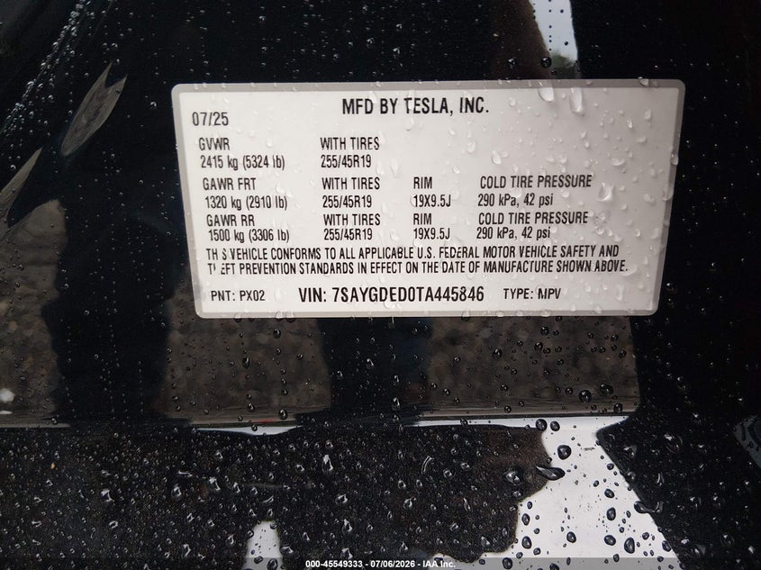 2026 Tesla Model y VIN 7SAYGDED0TA445846 IAAI salvage auction — FRONT END, Clear (South Carolina), sold $15,900 on 2026-08-28 (photo 9)
