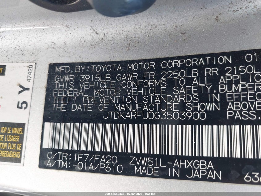 2016 Toyota Prius VIN JTDKARFU0G3503900 IAAI salvage auction — NORMAL WEAR, Clear - Dealer Only (California), sold $5,750 on 2026-07-20 (photo 9)